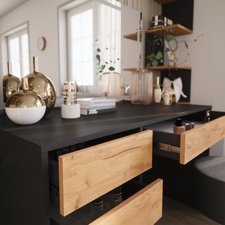 Produktbild Vicco Schminktisch Sherry, Anthrazit/Goldkraft Eiche, 120 x 75 cm mit LED-Spiegel und Hocker (120 x 75 x 55 cm)