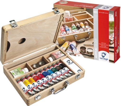 Produktbild Van Gogh Holzkasten Acrylfarben Basic (Weiss, Dunkelgelb, Gelb, Grün, Blau, Rosa, Schwarz, Rot, Braun, Dunkelblau, 175 ml)