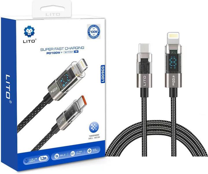 Produktbild Lito - Data Cable (LD09) - Lightning to Type-C, 100W High Speed Charging, LED Display, 1.2m - Black (1.20 m, USB 3.0, 100 W)