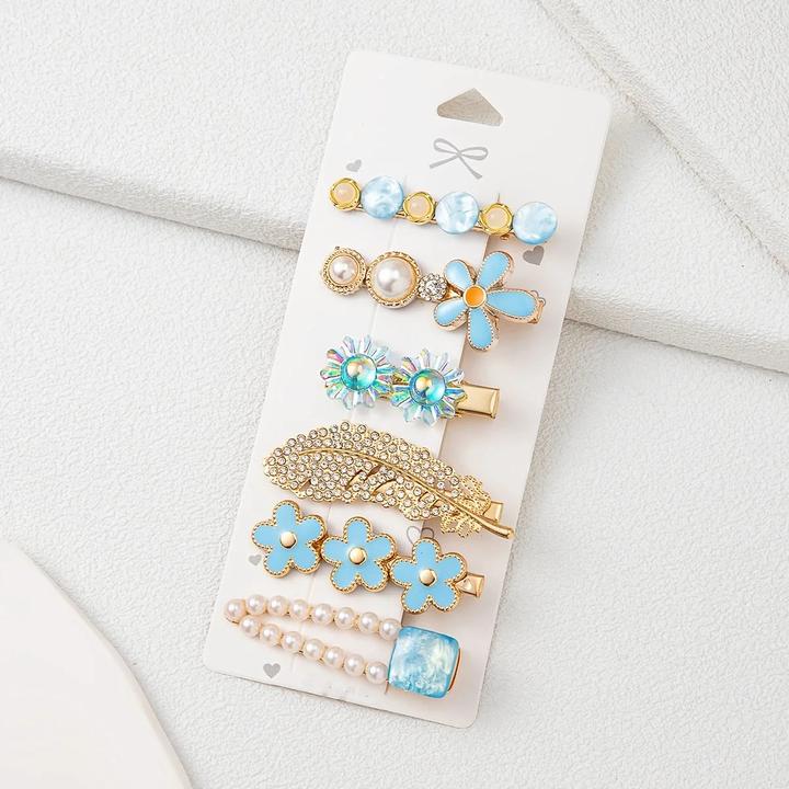 Actual product image Activity Board 6pcs Bunte Feder Blumen Faux Perle Strass Haarspangen Mode Luxus Urlaub Reise Haarnadeln (6 pcs.)
