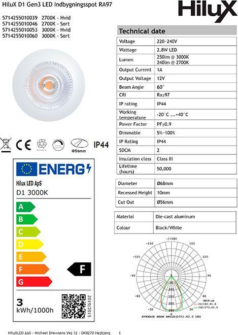 Produktbild HiluX D1 Gen3 - Full Spectrum LED Indbygningsspot - 2,8W - Ra97 2700K - Hvid