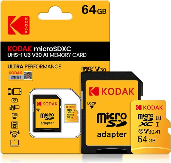 Immagine prodotto Kodak mSD 64GB UHS-I U3/V30/A1 c/a (64 GB, microSDXC, U3, UHS-I)