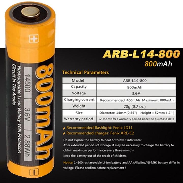 Produktbild Fenix Akku 14500 Mignon AA 3,6 Volt mit Schutzelektronik ARB-L14-800