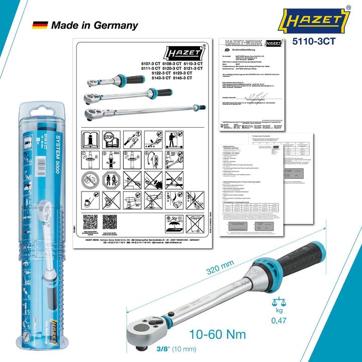 Produktbild HAZET Drehmomentschlüssel 5110-3CT ∙ Nm min-max: 10 - 60 Nm ∙ Toleranz: 3% ∙ Vierkant 10 mm (3/8 Zo… (3/8", 10 Nm, 60 Nm)