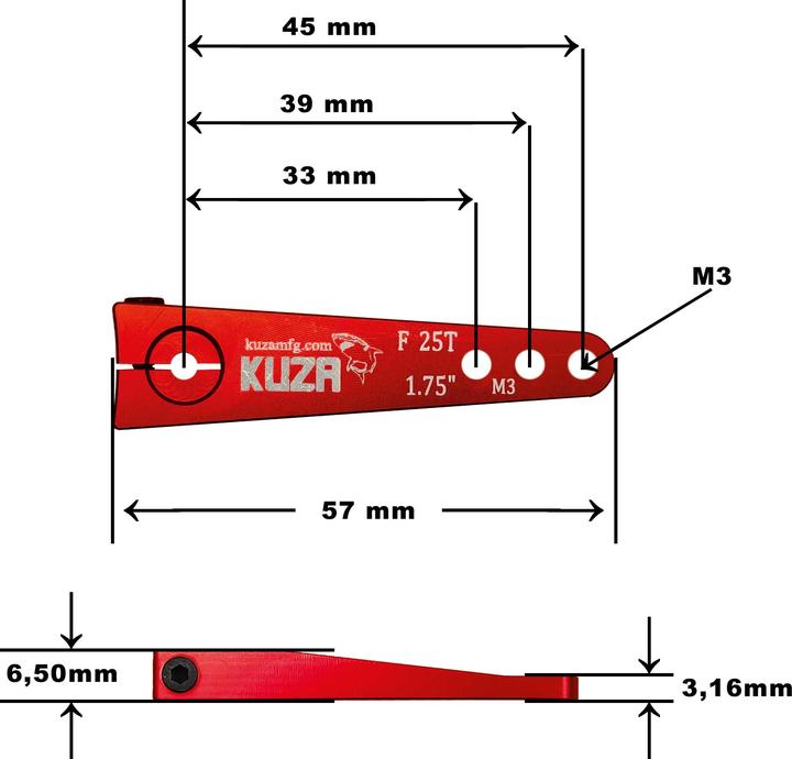Actual product image Kuza Servo Arm 1-Arm Futaba 25T 45/39/33mm 1.75" M3 Heavy Duty V2 Aluminium