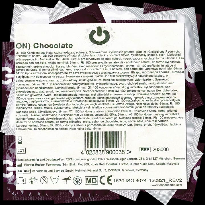 Actual product image ON) Chocolate" 100 black condoms with chocolate flavour, maxipack (100 pcs.)