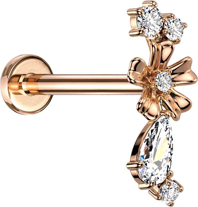 Produktbild Star Piercing Micro Labret Innengewinde rosegold Blume vier Kristalle und Kristalltopfen silber (Messing, Chirurgenstahl 316L)