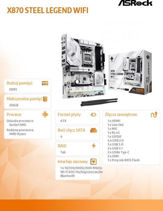 Image du produit AsRock X870 Steel Legend WiFi AM5 (AM5, AMD X870, ATX)