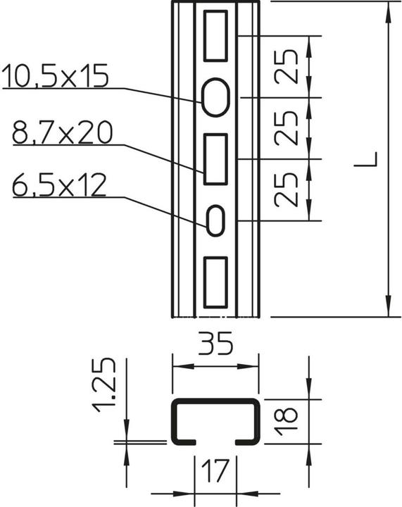Image du produit OBO Bettermann Rail profilé perforé, largeur des fentes 17mm 1104500