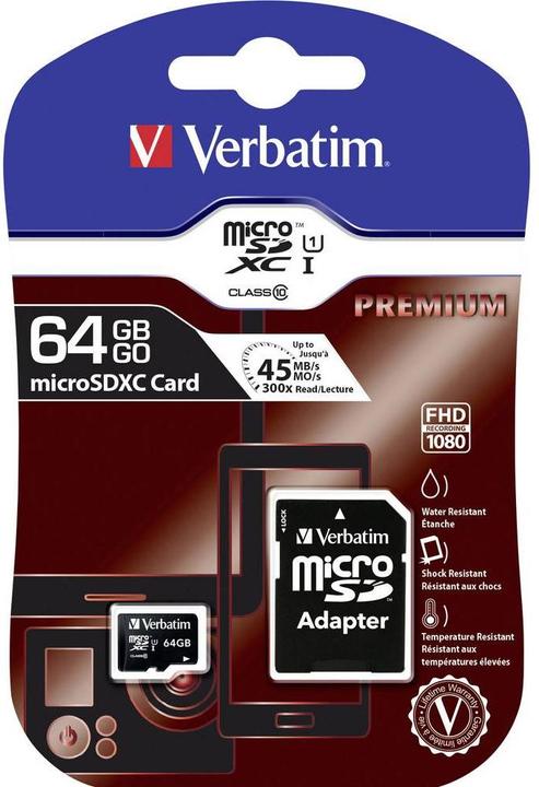 Image du produit Verbatim Carte Micro SDXC de classe 10 (64 Go, microSDXC, U1, UHS-I)