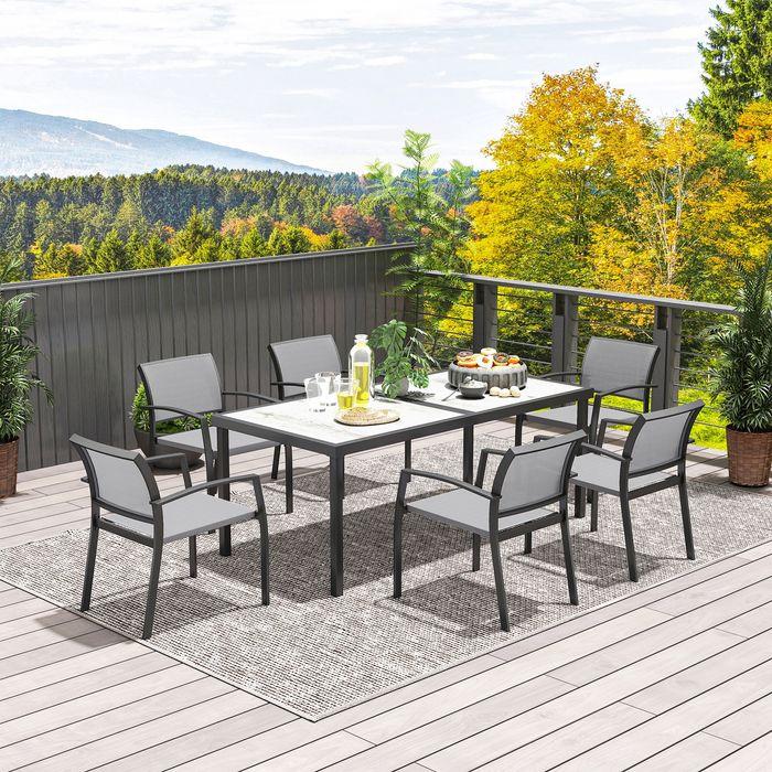 Actual product image Swisshandel24 7 tlg. Essgruppe für 6 Personen, Stühle stapelbar, Stahlgestell, Grau (87 cm)