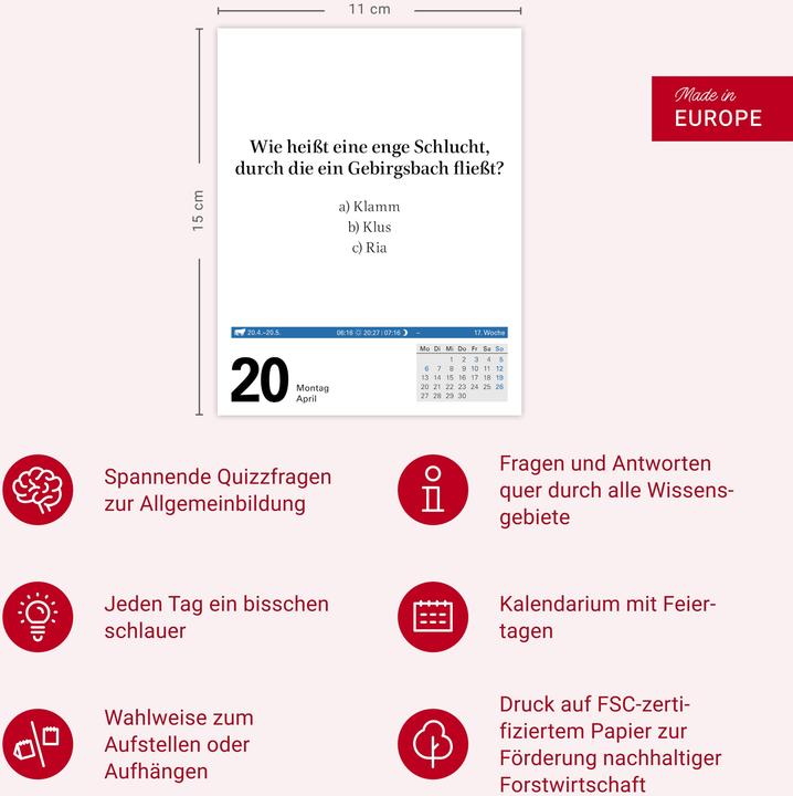 Image du produit Harenberg Wissen Tagesabreisskalender 2026 - Quizfragen aus Geschichte, Politik, Kultur, Technik und Spor (11 x 14 cm, Allemand)