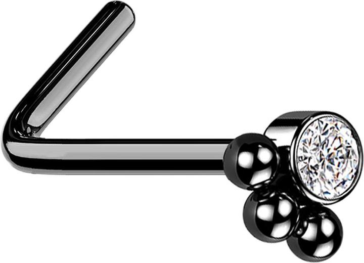 Star Piercing Nasenstecker gewinkelt schwarz Kristall mit drei Kugeln (ohne Messing, Chirurgenstahl 316L)