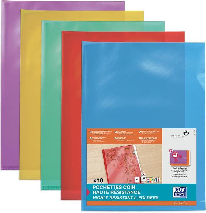 Produktbild Elba Sichthüllen, transparent, DIN A4, aus PVC, 0,15 mm, farbig sortiert: blau, gelb, rot, violett, grün (A4, 10 x)