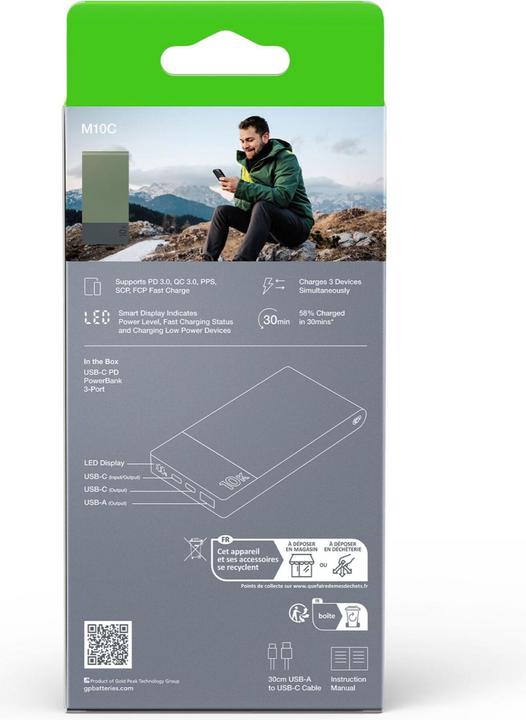 Actual product image GP Batteries GP PowerBank M2+ 10C 10000mAh 2xUSB-C/1xUSB-A green LED display (10000 mAh, 22.50 W, 37 Wh)