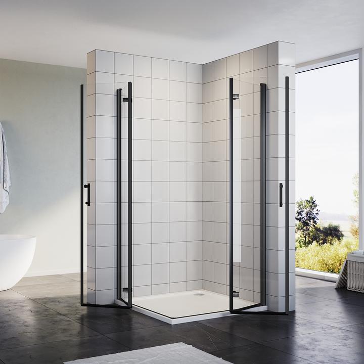 Actual product image SONNI corner entry, shower cubicle, 80 x 80 cm, black, folding door, 180 degrees, Nano-6 mm, glass (120 cm, 120 cm, 195 cm)