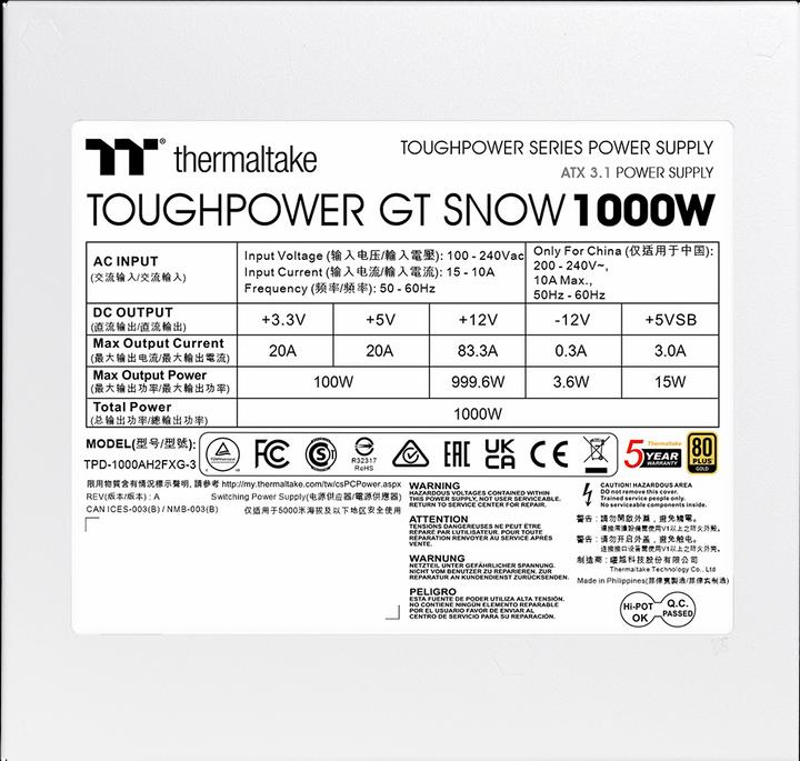 Nährwerte und Zutaten Thermaltake Netzteil Toughpower GT 1000W Snow ATX3.1 80+G WH retail (1000 W)