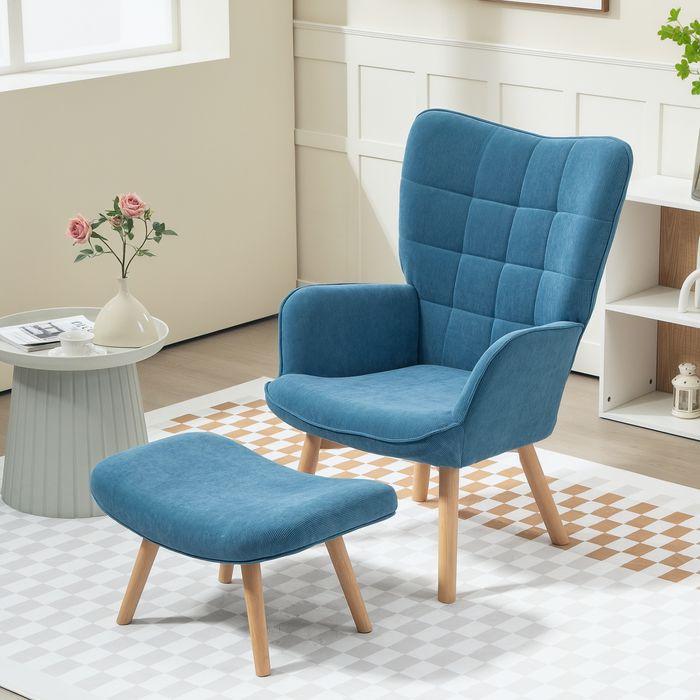 Actual product image Swisshandel24 Sessel mit Hocker, Ohrensessel mit Hoher Rückenlehne, Holzbeine, Cord, Blau