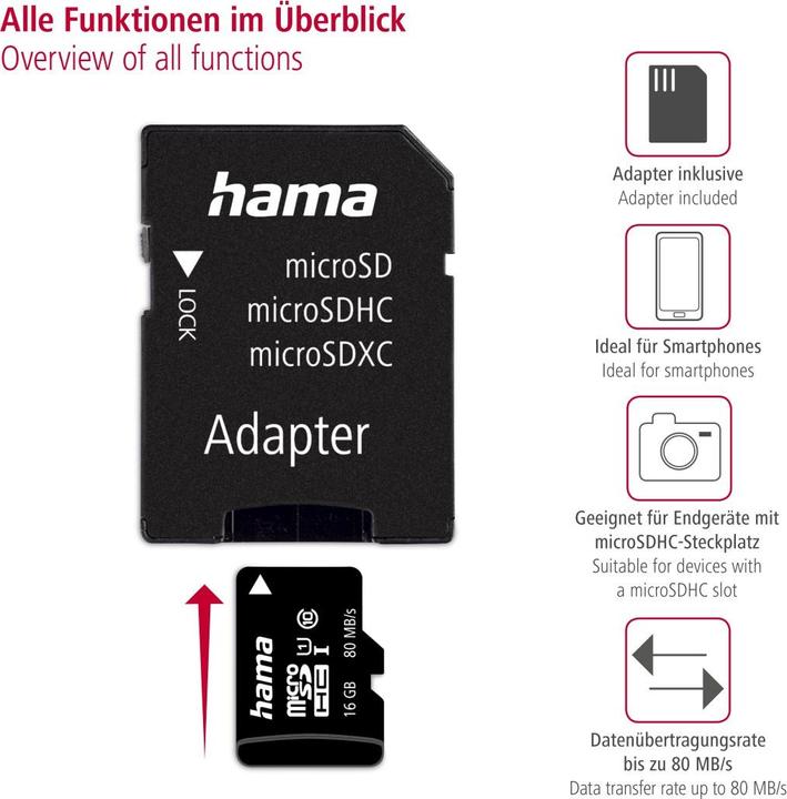 Actual product image Hama microSDHC 16GB +Adapter/Mobile (16 GB, microSDHC, U1, UHS-I)