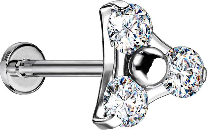 Star Piercing Micro Threadless Labret silber Dreieck drei Kristalle silber (ohne Messing, Titan G23)
