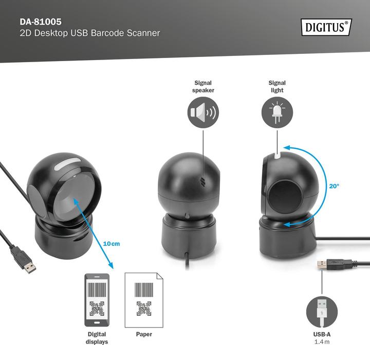 Actual product image Digitus 1D 2D Barcode Scanner Desktop (1D barcodes, 2D barcodes)
