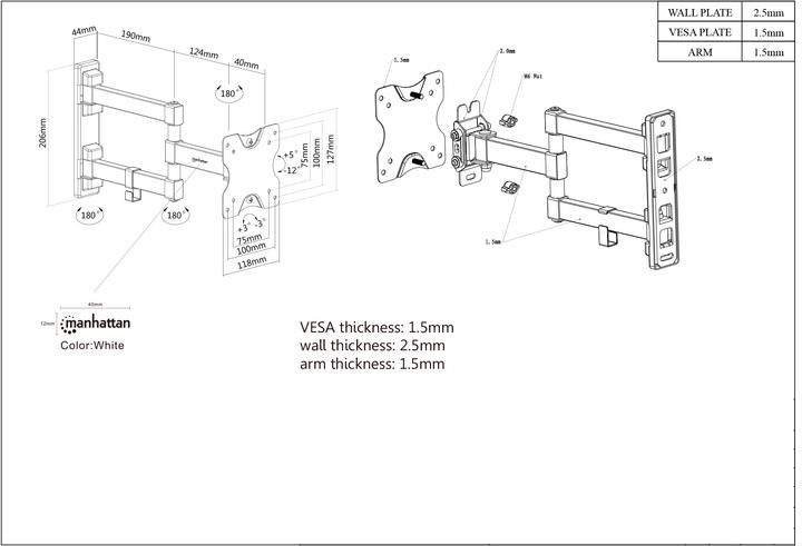 Produktbild Manhattan Universal TV-Wandhalterung, neig- und schwenkbar (Wand, 27.01", 20 kg)