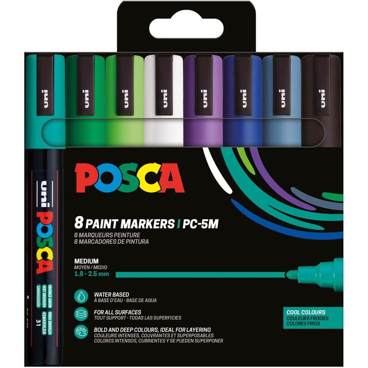 Image du produit Posca Marqueur PC-5M (Blanc, Vert émeraude, Gris ardoise, Violet, Vert foncé, Vert pomme, Noir, Bleu foncé, 2.50 mm, 8 x)