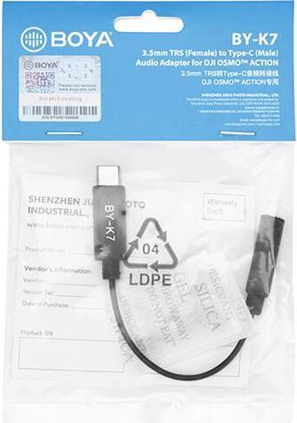 Actual product image Boya Universal Adapter BY-K7 3.5mm TRS to USB-C for DJI Osmo Action