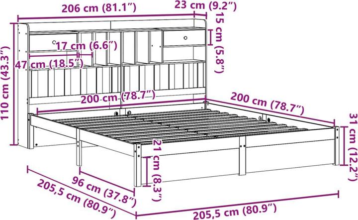 Actual product image VidaXL Solid wood bed Wooden bed Bed double bed with shelf without mattress 200x200cm (200 x 200 cm)