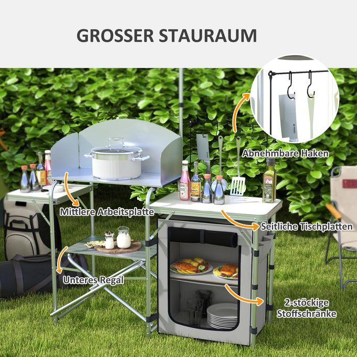 Immagine prodotto Swisshandel24 Cucina da campeggio, pieghevole, 3 piani di lavoro, frangivento, armadio in tessuto, 144x48x119cm