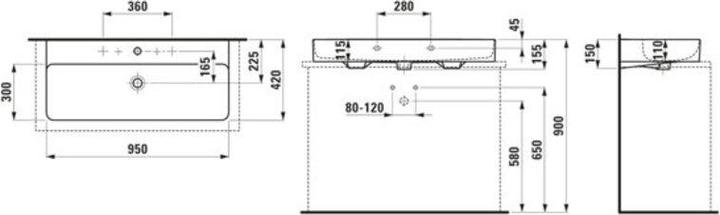 Produktbild Laufen Aufsatzwaschtisch VAL 950x420mm m ÜL 2 HL-Ausf. weiss LCC (420 mm, 950 mm)
