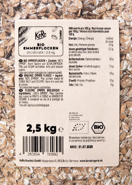 Nährwerte und Zutaten KoRo Bio Emmerflocken Grossblat (2500 g)