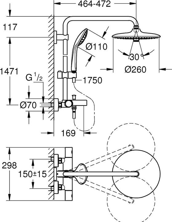Actual product image Grohe Shower system EUPHORIA 260 with thermostatic bath mixer chrome