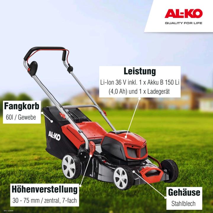 Immagine prodotto AL-KO Tagliaerba a batteria 42.9 Li 36 V (batteria agli ioni di litio 40 V / 4 Ah, larghezza di taglio 42 (Batteria ricaricabile)