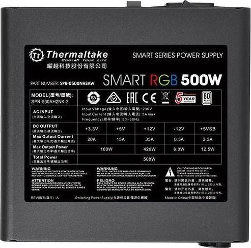 Immagine prodotto Thermaltake Alimentatore Smart 500W RGB (80+ 230V UE, 2xPEG, 120mm, single rail) (500 W)