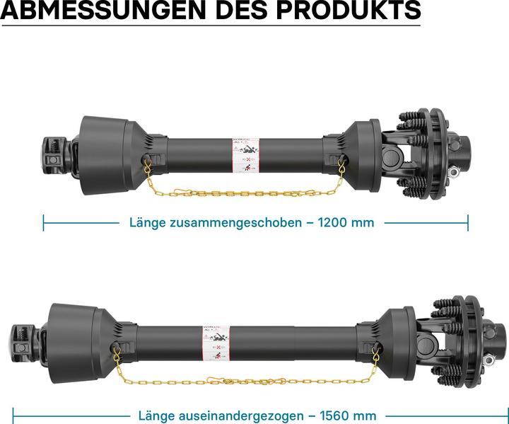 Produktbild Wiltec Zapfwelle T6 Gelenkwelle 1200-1560mm 830Nm 540U/min PTO-Shaft 74kW 1 3/8" 6 Zahn