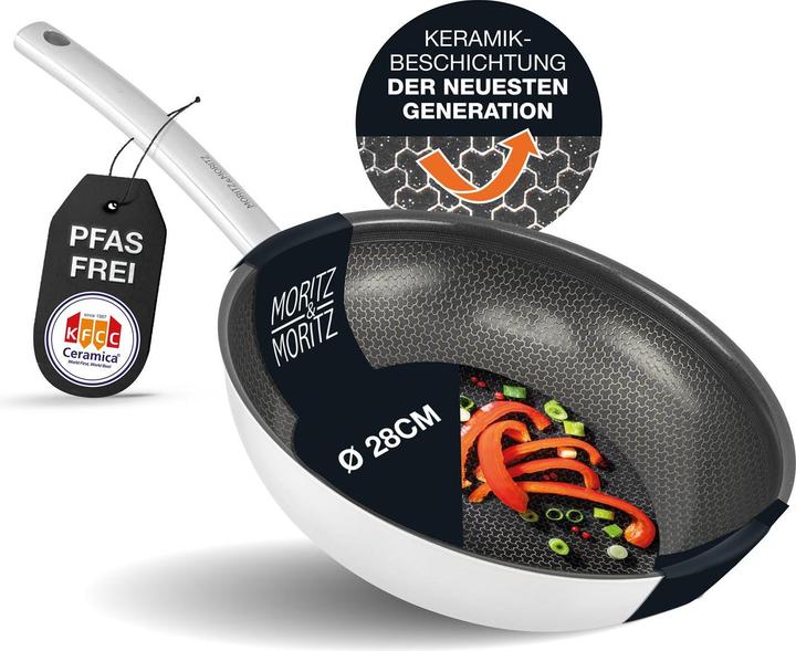 Produktbild Moritz & Moritz Edelstahlpfanne Wabenstruktur 28cm mit Keramikbeschichtung der neuesten Generation (Pfannenset + Topfset, Edelstahl)