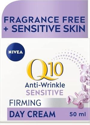 Produktbild NIVEA Q10 Anti-Wrinkle Sensitive Firming Day Cream SPF 15 50ml mit reinem Q10 und Süssholzextrakt (50 ml, Tagescreme, SPF 15)