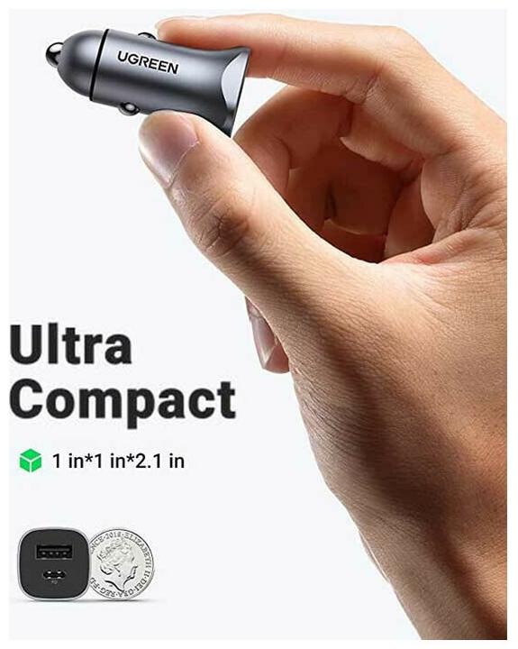 Image du produit Ugreen CD130 Car Charger, USB-A+PD 3.0, USB-C, QC3.0 30W (Grey)