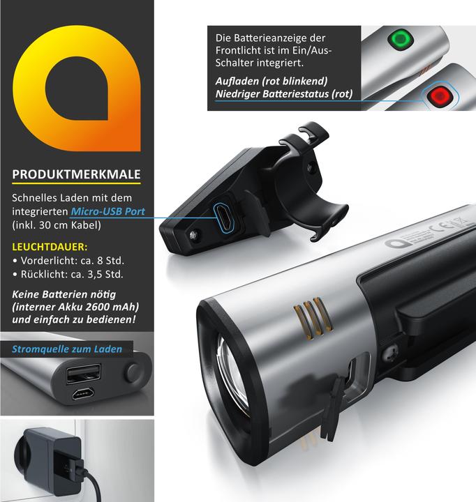 Produktbild Aplic Fahrradbeleuchtung, Velobeleuchtung, Fahrradlampenset, 2600mAh Frontlicht & 180mAh Rücklicht, 40 Lux (20 lm)