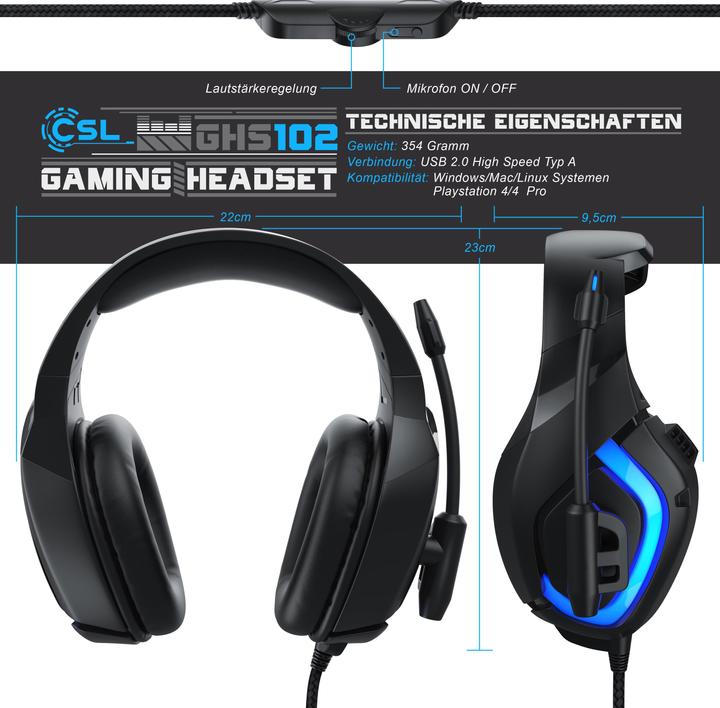 Produktbild CSL Gaming Headset, USB Kopfhörer mit Mikrofon für PC, PS4 / 4 Pro (Kabelgebunden)