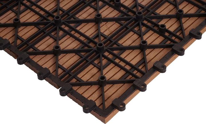 Produktbild Swisshandel24 WPC Eck-Bodenfliese Rhone + Abschluss, Holzoptik Terrasse, 30x30cm Premium Ecke rechts, teak linea (1 x, 30 x 30 cm)