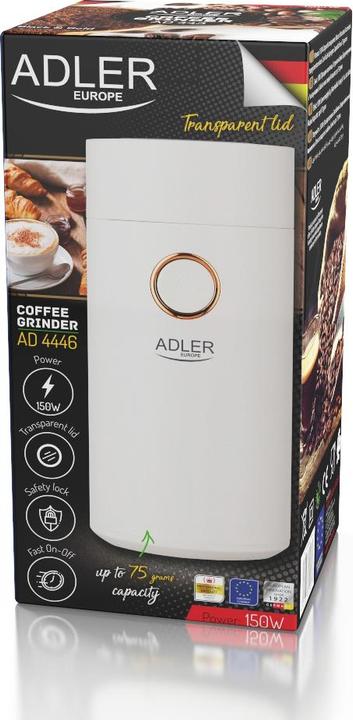 Actual product image Adler Coffee grinder AD4446wg 150 W, Coffee beans capacity 75 g, Lid safety switch, Baltas (EU plug)