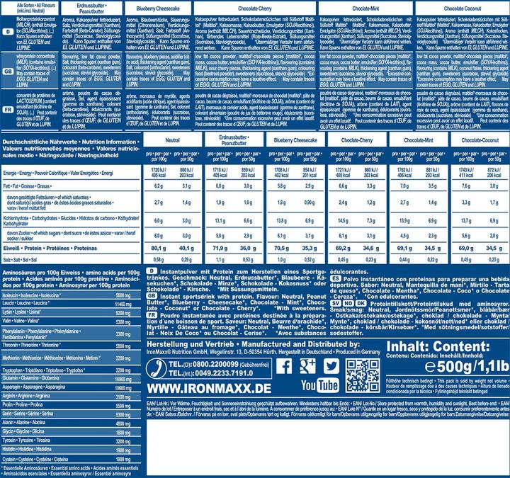 Nährwerte und Zutaten IronMaxx 100% Whey Protein (500g Beutel) (Strawberry, Weisse Schokolade, 1 Stk., 500 g)