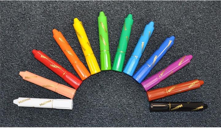 Actual product image Malinos wax crayons 3-in-1 (Black, Brown, Dark Blue, Light blue, Light green, Lilac, White, Red, Green, Yellow, Orange, Rose, 12 x)