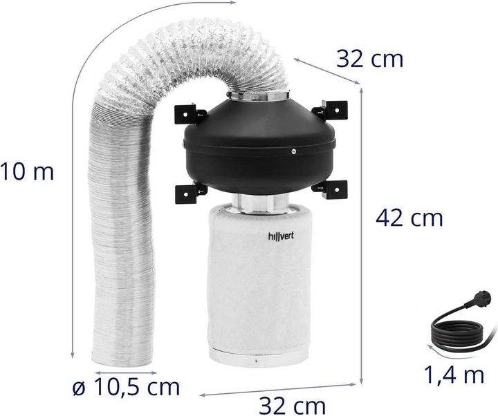 Produktbild Hillvert Abluftset Aktivkohlefilter 30 cm, Rohrventilator, Abluftschlauch 249,6 m³/h