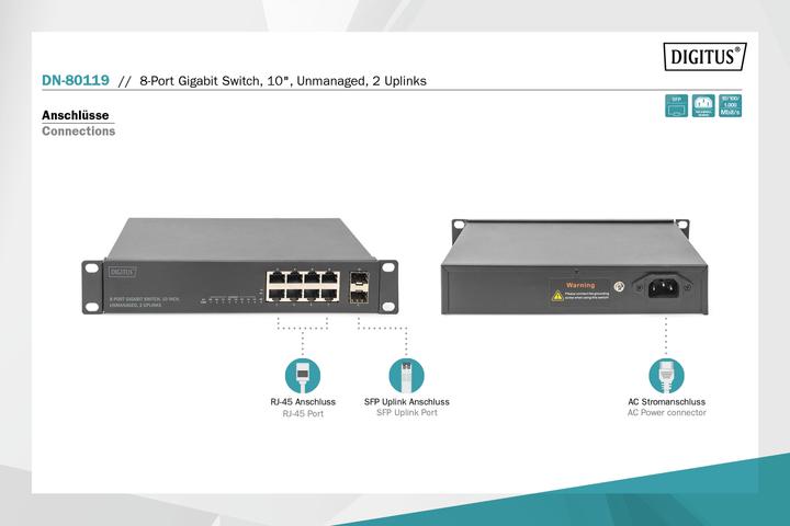 Produktbild Digitus 8-Port Gigabit Switch, 10-Zoll, Unmanaged, 2 Uplinks (8 Ports)