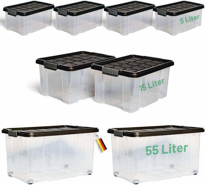 Produktbild Novatool Novaliv 8 tlg Sparset Aufbewahrungsboxen mit Deckel Anthrazit 2x55 L + 2x 15L + 4x 5L Nestbar stapel (55 l)