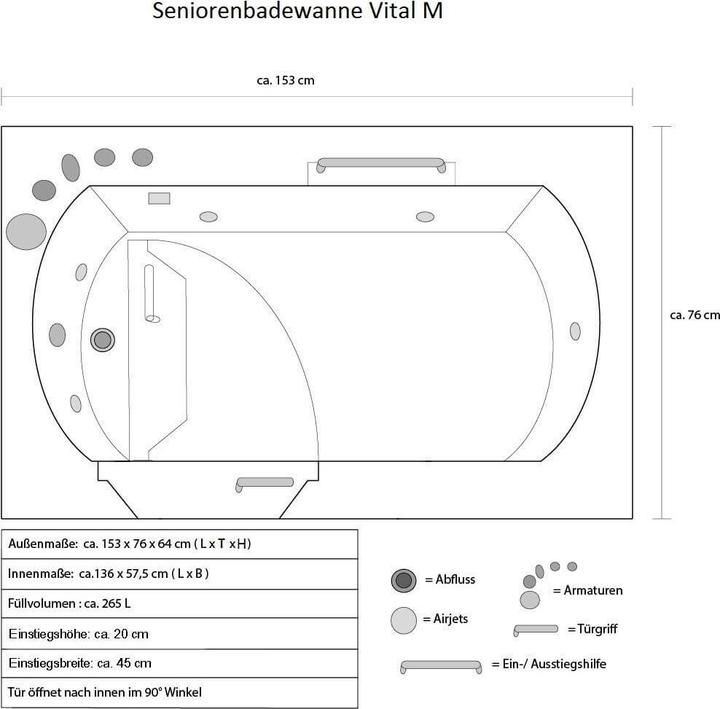 Immagine prodotto Home Deluxe Vasca da bagno per anziani con getti massaggianti porta e maniglia AUTARK M (sinistra) - 153x76x64cm (76 cm, 153 cm)