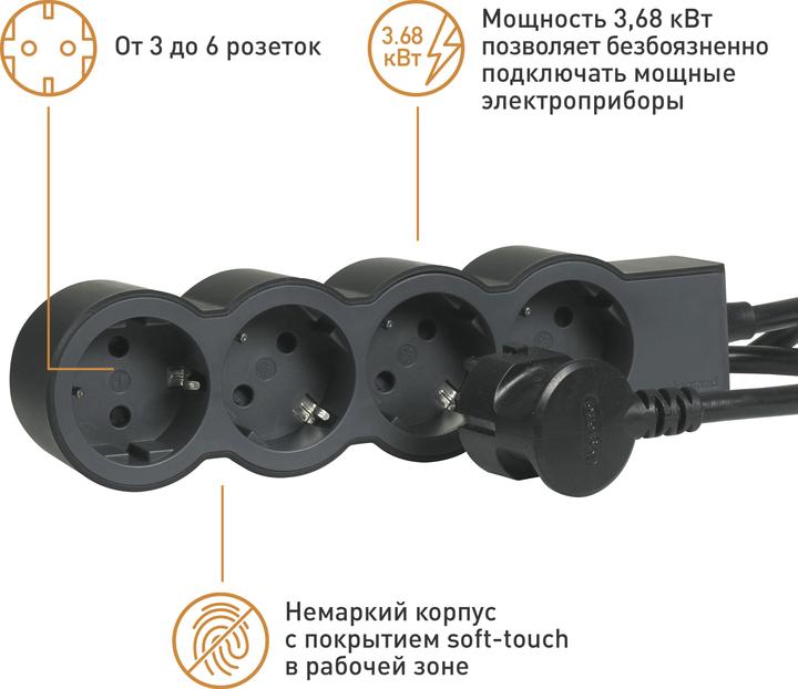 Immagine prodotto Legrand Striscia di prese piatte 4x prese, cavo da 3 metri Nero 694562 (4 x, 3 m)